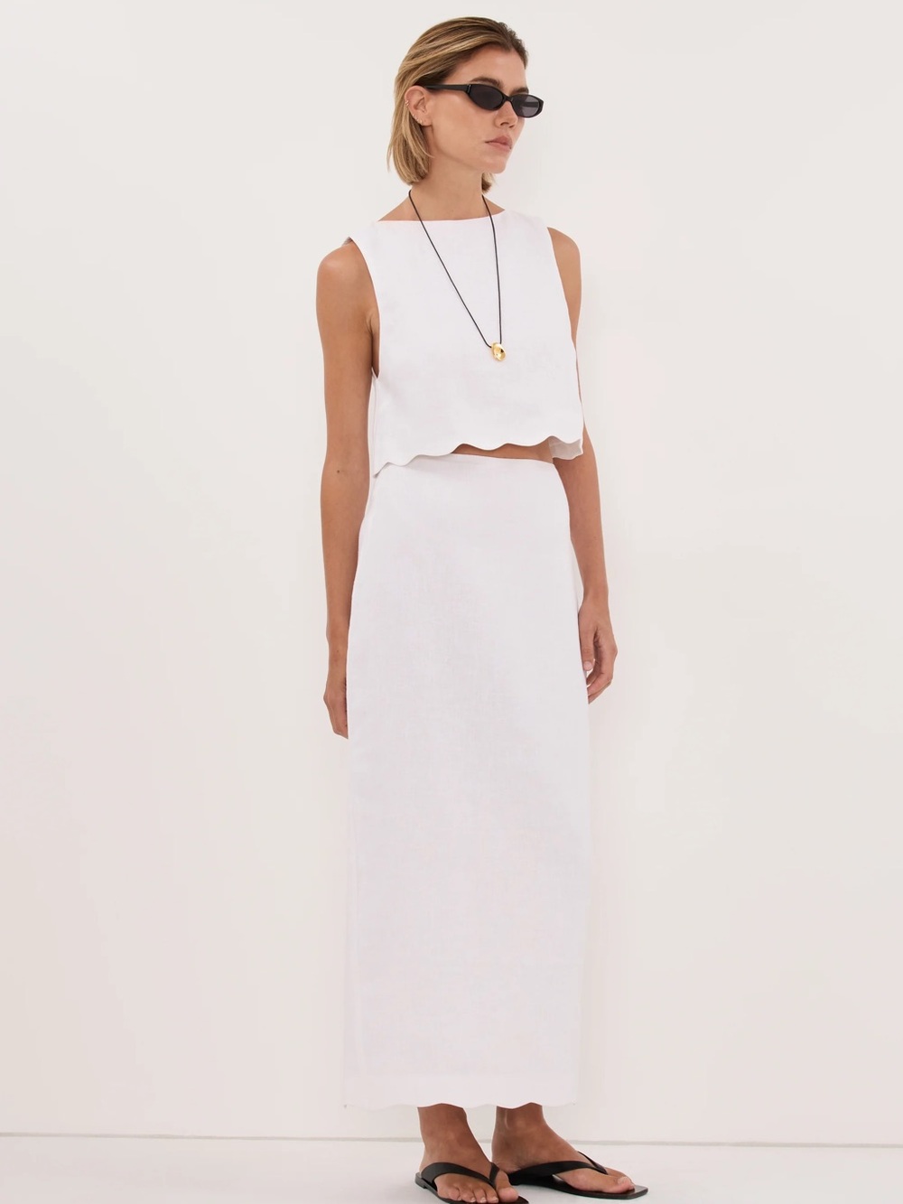 White Scallop linen Maxi Skirt by DISSH